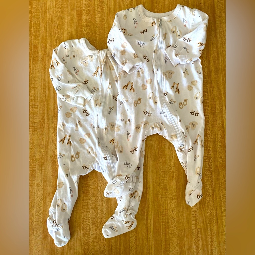 Twin-themed gender neutral sleepers. Set of two. Size 3-6 months.